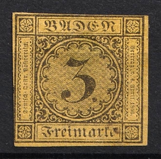 1851 3kr Baden, German States, Germany (Used)