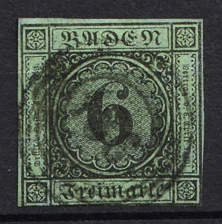 1851 6kr Baden, German States, Germany (Used)