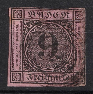 1851 9kr Baden, German States, Germany (Used)