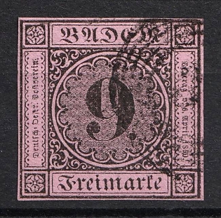 1852 9kr Baden, German States, Germany (Used)