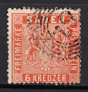 1860 6kr Baden, German States, Germany (Signed, Used)