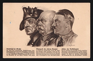 1933-1945 'Frederick the Great, Bismard, the Iron Chancellor, Hitler, the People's Chancellor' Propaganda Postcard