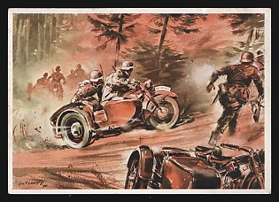 1933-1945 'Motorized Reconnaissance Advances. Kradschützen Attack' Propaganda Postcard