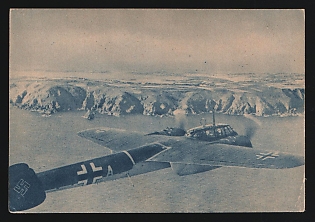 1933-1945 'German Ramp Aircraft Flies over the Former English Island of Guernsey Aufn' Luftwaffe, German Air Force Aircraft Propaganda Postcard