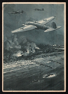 1942 'Over Dunkirk' Luftwaffe, German Air Force Aircraft Propaganda Postcard