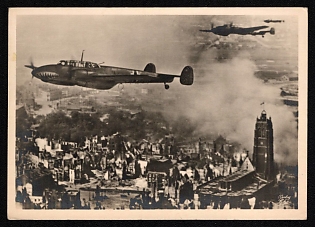 1933-1945 '3-destroyer Messerschmitt Me 110 over Dunkirk' Luftwaffe, German Air Force Aircraft Propaganda Postcard