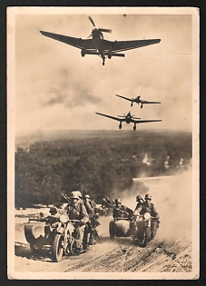 1943 'Junkers Ju 87 and Preceding Motorcycles' Luftwaffe, German Air Force Aircraft Propaganda Postcard