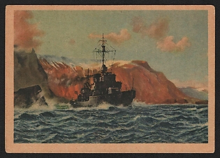 1933-1945 'German Minesweeper on a Patrol Off a Harbor on the Norwegian Coast' Deutsche Marine, German Navy Propaganda Postcard