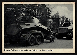 1942 'Armored Reconnaissance Vehicles Leave the Raserne for a Practice Run' Tank, Panzer Propaganda Postcard
