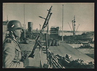 1933-1945 'While New Troop Transports are Constantly Arriving in the Port of Oslo, our Air Defense is on Watch' Wehrmacht, German Infantry Propaganda Postcard