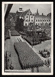 1933-1945 'March Past on Adolf Hitler Square' Wehrmacht, German Infantry Propaganda Postcard