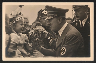 1933-1945 'Girl Gives Flowers to Adolf Hitler' Adolf Hitler Propaganda Postcard