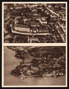 1934-1935 DOUBLE Propaganda Postcard 'Zeit on the Elster, Moritzburg. Friedrichshafen Castle on Lake Constance' Third Reich Architecture