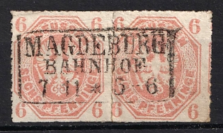 1861 6pf on piece Prussia, German States, Germany, Pair (Magdeburg Postmark)