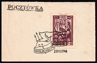 1944 10+40f Woldenberg, Poland, POCZTA OB.OF.II C, WWII Camp Post, Postal Card (Full Set, Commemorative Cancellation)
