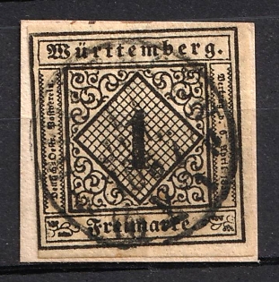 1851 1kr on piece Wurttemberg, German States, Germany (Used)