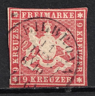 1859 9kr Wurttemberg, German States, Germany (Used)