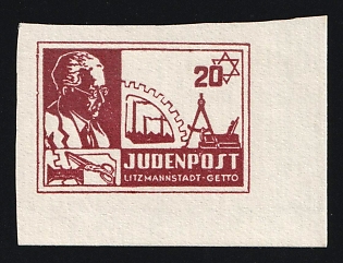 1944 20pf Litzmannstadt Ghetto, Lodz, Poland, Jewish Getto Post (Vertical Laid Paper, Signed)
