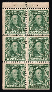 1907 1c Franklin, United States, USA, Booklet Pane of Six (Margin, MNH)