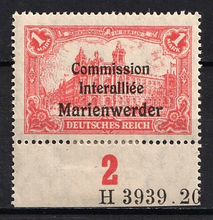 1920 1m Joining of Marienwerder, Germany (Margin, Plate Numbers)