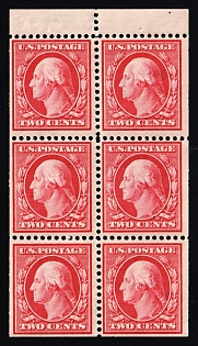 1908 2c Washington, United States, USA, Booklet Pane of Six (Margin, MNH)