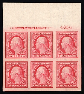 1908 2c Washington, United States, USA, Block of Six (Certificate, Plate Number '4856', Sheet Inscription, Margin, MNH)