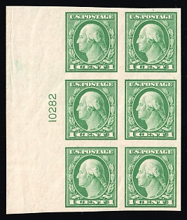 1912 1c Washington, United States, USA, Block of Six (Plate Number '10282', Imperforate, Margin, MNH)