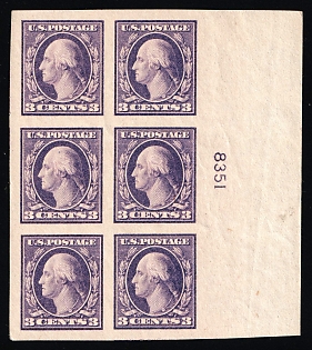 1917 3c Washington, United States, USA, Block of Six (Plate Number '8351', Type II, Certificate, Margin, MNH)