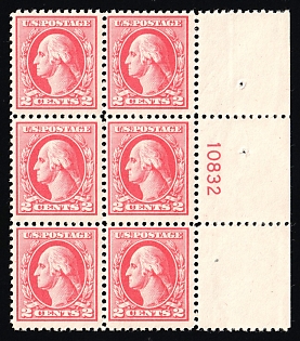 1920 2c Washington, United States, USA, Block of Six (Plate Number '10832', Type IV, Margin, MNH)