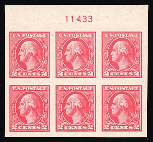 1920 2c Washington, United States, USA, Block of Six (Plate Number '11433', Imperforate, Type Va, Margin, MNH)