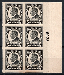 1923 2c Warren Gamaliel Harding, United States, USA, Block of Six (Full Set, Imperforate, Plate Number '15025', Margin, MNH)