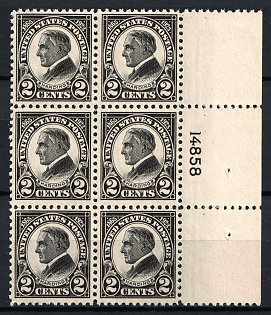 1923 2c Warren Gamaliel Harding, United States, USA, Block of Six (Full Set, Plate Number '14858', Margin, MNH)