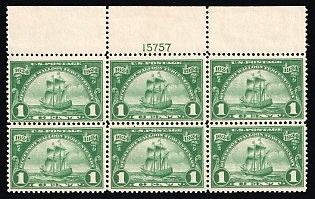 1924 1c Huguenot-Walloon Tercentenary Issue, United States, USA, Block of Six (Plate Number '15757', Margin, MNH)