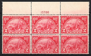 1924 2c Huguenot-Walloon Tercentenary Issue, United States, USA, Block of Six (Plate Number '15786', Margin, MNH)