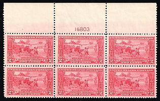 1925 2c Lexington-Concord Issue, United States, USA, Block of Six (Plate Number '16803', Margin, MNH)