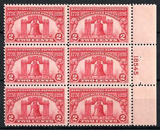 1926 2c Sesquicentennial Exposition Issue, United States, USA, Block of Six (Plate Number '18545', Margin, MNH)