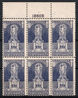 1926 5c Ericsson Memorial Issue, United States, USA, Block of Six (Full Set, Plate Number '18606', Margin, MNH)