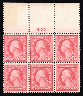 1920 2c Washington, United States, USA, Block of Six (Type V, Plate Number '9132', Margin, MNH)