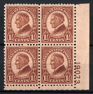 1927 1.5c Warren G. Harding, Regular Issue, United States, USA, Block of Four (Plate Number '19073', Margin, MNH)