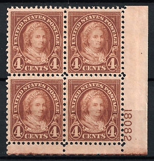 1927 4c Martha Washington, Regular Issue, United States, USA, Block of Four (Plate Number '18082', Margin, MNH)