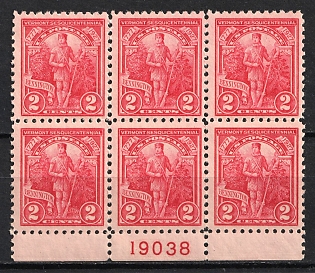 1927 2c Vermont Sesquicentennial Issue, United States, USA, Block of Six (Full Set, Plate Number '19038', Margin, MNH)
