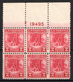 1928 2c Valley Forge Issue, United States, USA, Block of Six (Full Set, Plate Number '19495', Margin, MNH)