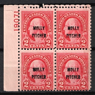 1928 2c Battle of Monmouth Issue, United States, USA, Block of Four (Full Set, Plate Number '19071', Margin, MNH/MLH)