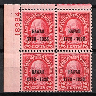1928 2c Hawaii Issue, United States, USA, Block of Four (Plate Number '18984', Margin, MNH)