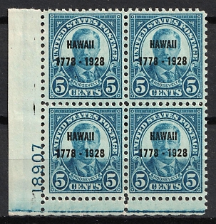 1928 5c Hawaii Issue, United States, USA, Block of Four (Plate Number '18907', Margin, MNH)