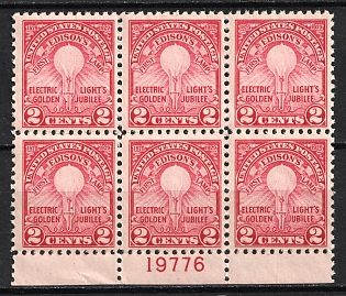 1929 2c Electric Light's Golden Issue, United States, USA, Block of Six (Full Set, Plate Number '19776', Margin, MNH)