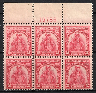 1929 2c Sullivan Expedition Issue, United States, USA, Block of Six (Full Set, Plate Number '19786', Margin, MNH)