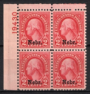 1929 2с Overprinted Regular Issue, United States, USA, Block of Four (Plate Number '19430', Margin, MNH)