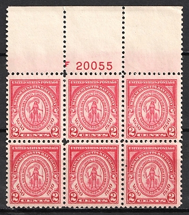 1930 2c Massachusetts Bay Colony Issue, United States, USA, Block of Six (Plate Number '20055', Margin, MNH)