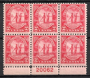 1930 2c Carolina-Charleston Issue, United States, USA, Block of Six (Plate Number '20062', Margin, MNH)